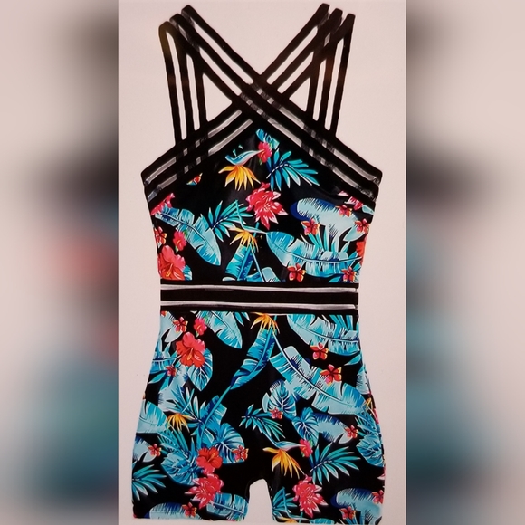 NWOT FLORAL ATHLETIC ONE Piece STRETCH SWIMSUIT CONTRAST MESH BATHING SUIT - Picture 3 of 13